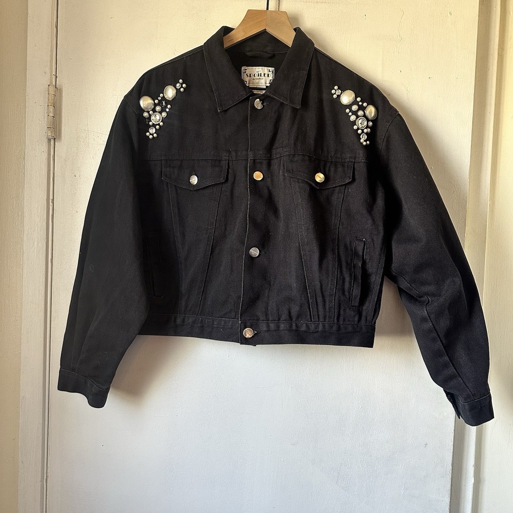 Vintage Get Spoiled Squeeze Black Denim Jacket Rhinestone Cropped Glam Punk Lg